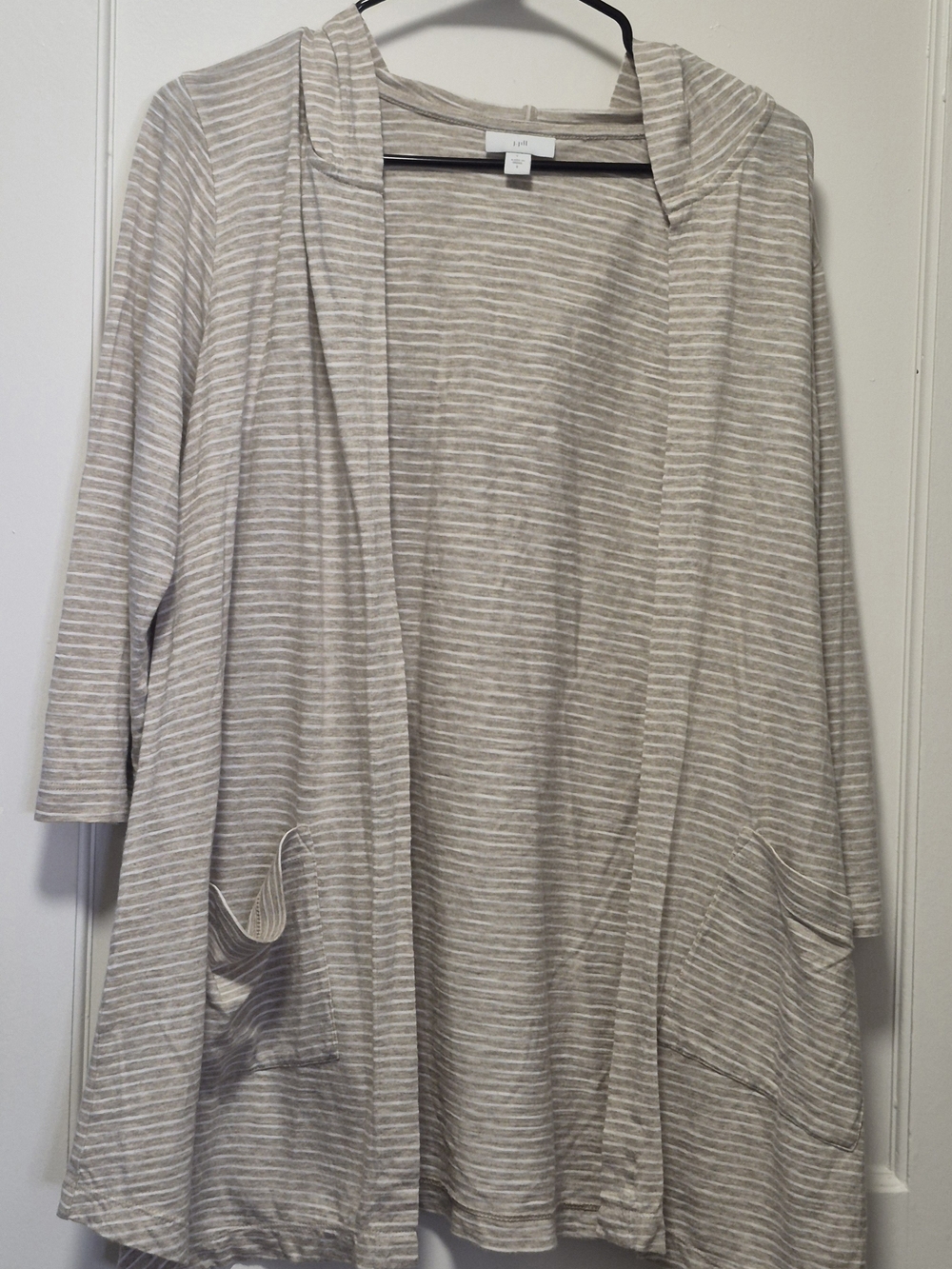 J. Jill Beige and White Striped Open-Front Cardigan
